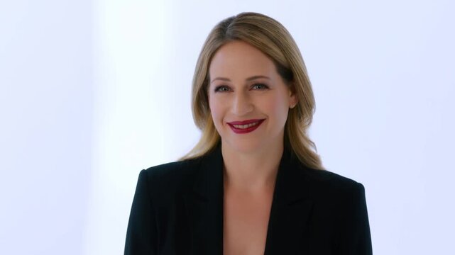 Professional woman posing in black blazer against a bright neutral studio background