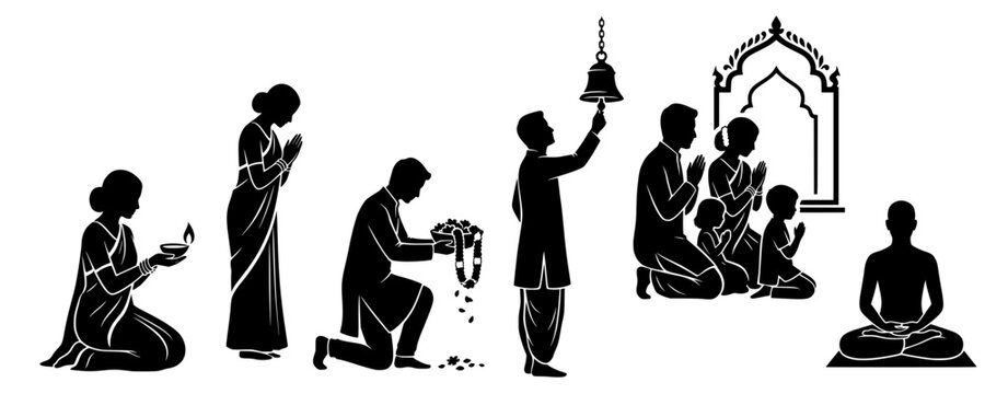 Set of black silhouettes showing indian people performing traditional hindu worship rituals and prayers with silhouette