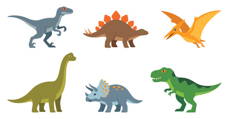 Dinosaur species cartoon character set featuring prehistoric wild reptiles and animals   Flat vector illustration graphic © Stocklume