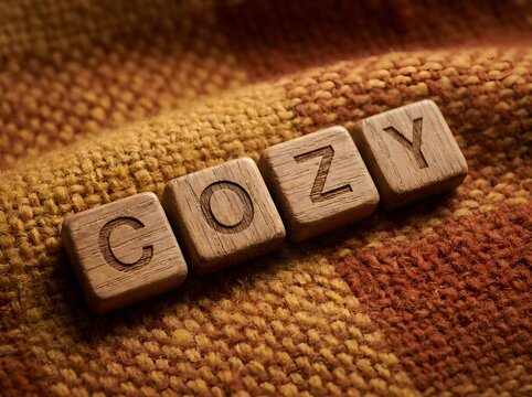Wooden Scrabble Tiles Spelling Cozy on Warm Blanket