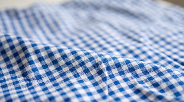 Closeup of blue and white gingham fabric with soft folds, woven texture and selective focus background