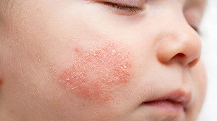 Obraz premium Close-up of infant cheek with red eczema rash