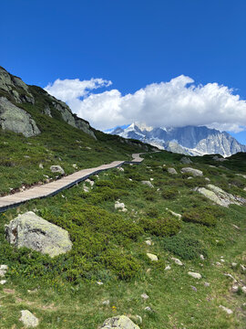 Wooden Hiking Trail Toward Mont Blanc Massif Near Chamonix, France