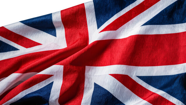 Waving Union Jack flag fabric with red white and blue stripes, isolated on transparent background