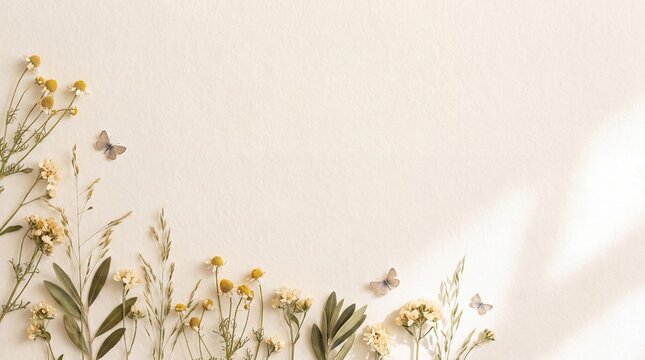 Minimalist floral background with dried wildflowers, elegant botanical frame on beige textured paper, delicate spring banner with copy space