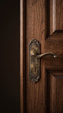Vintage brass door handle with ornate backplate on dark wooden interior door