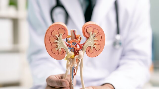 Kidney disease and chronic kidney disease concept with doctor holding a human kidney model for medical study and treatment, representing healthcare, diagnosis, renal function, research, hospital care