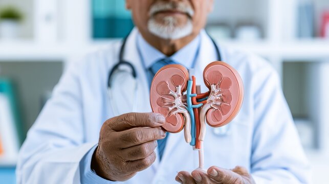 Kidney disease and chronic kidney disease concept with doctor holding a human kidney model for medical study and treatment, representing healthcare, diagnosis, renal function, research, hospital care