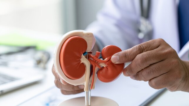 Kidney disease and chronic kidney disease concept with doctor holding a human kidney model for medical study and treatment, representing healthcare, diagnosis, renal function, research, hospital care