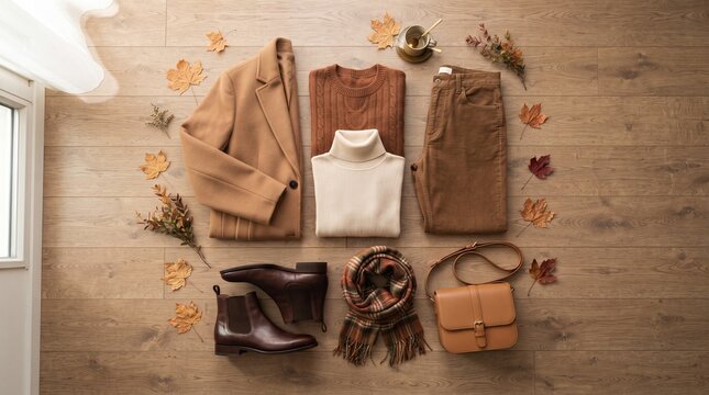 Elegant autumn fashion layering flat lay featuring warm knitwear, wool textures, leather accessories and earthy seasonal colors.