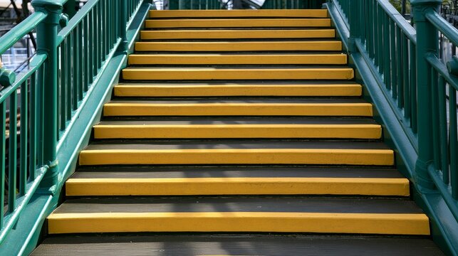 Metal bridge staircase with yellow warning strip green railings, highlighting industrial infrastructure, pedestrian safety, outdoor access, structural design, caution features in an urban environment