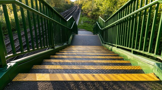 Metal bridge staircase with yellow warning strip green railings, highlighting industrial infrastructure, pedestrian safety, outdoor access, structural design, caution features in an urban environment