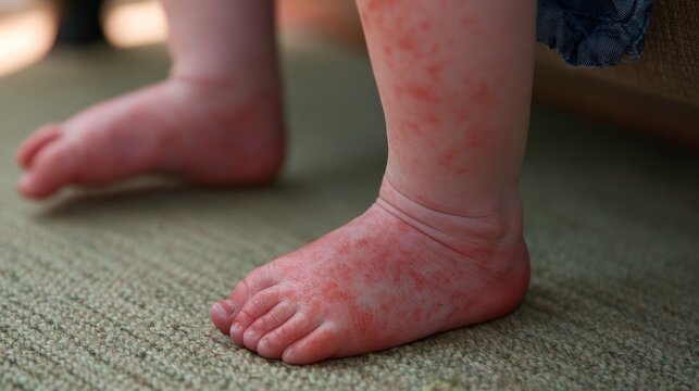 Red rash on toddler foot caused by hand foot mouth disease, showing small red spots and skin irritation associated with a common childhood viral infection and pediatric health condition