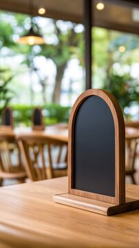 A wooden sign holder stands prominently on a table in a bright caf&eacute; with lush greenery outside
