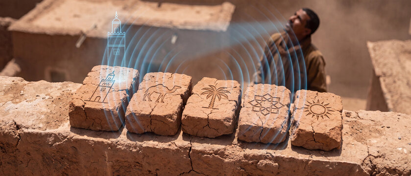 Desert heritage and traditional architecture concept, cultural identity in arid regions, ancient mud brick symbols, regional history and archaeology, Middle Eastern village life