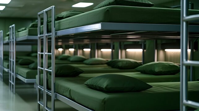 Military barracks dormitory with green bunk beds