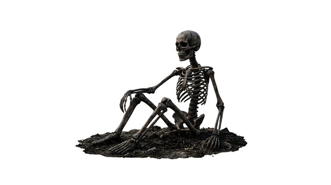 Sitting human skeleton emerging from earth pile, isolated on white background