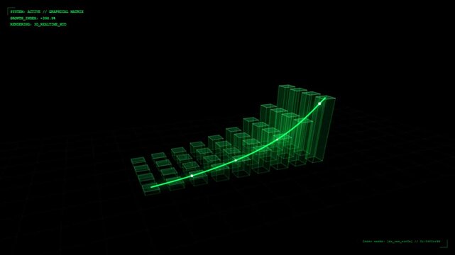 Abstract futuristic green wireframe 3D bar chart with upward trend line and HUD text on dark background.