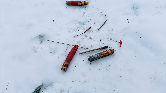 Spent fireworks scattered across snow after a celebration, showing used pyrotechnic debris against a winter landscape highlighting holiday festivities, seasonal waste, cleanup, environmental concerns