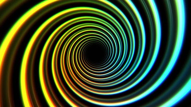 Hypnotic glowing neon spiral vortex tunnel animation with yellow and blue gradient colors.