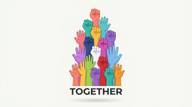 Colorful hands joined in unity celebration graphic.