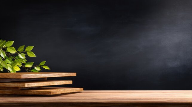 A minimalist wooden surface displays stacked planks with green leaves against a dark background