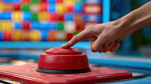 Hand pressing a large red button on a game show screen background