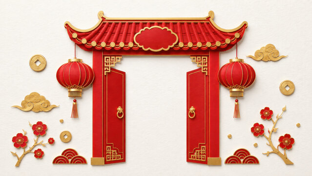 Red and gold Chinese gateway with open doors hanging lanterns and a blank sign on a white textured paper background