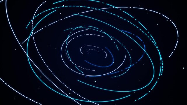 Futuristic glowing blue circular orbits and dashed lines rotating on dark background animation.