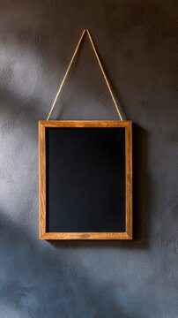 A rustic wooden frame suspends a blank chalkboard against a textured dark wall, casting shadows