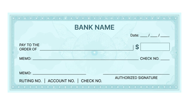 Bank check template featuring light blue security pattern and blank payment fields.