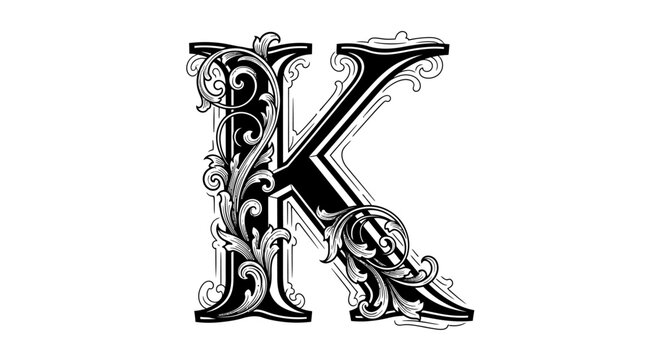 Ornate letter k with decorative flourishes and intricate patterns