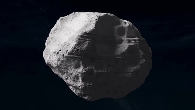Cratered asteroid suspended in a dark star field, showing rugged rocky surface