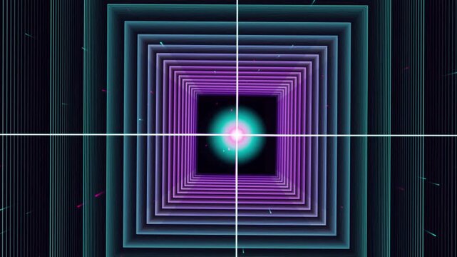 Abstract futuristic neon square tunnel with glowing center, crosshair and flying particles animation.