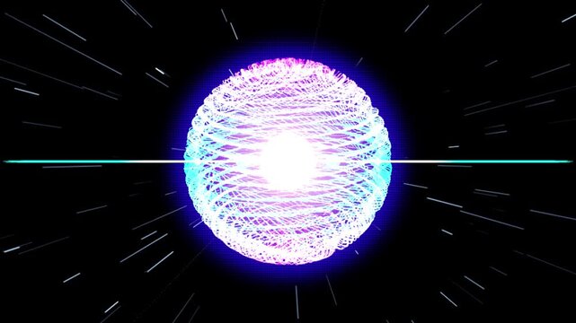 Abstract futuristic glowing neon energy sphere with bright core and flying light trails on dark space background.