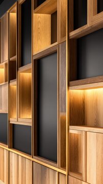 A modern wooden shelving unit with illuminated sections, showcasing a blend of natural materials
