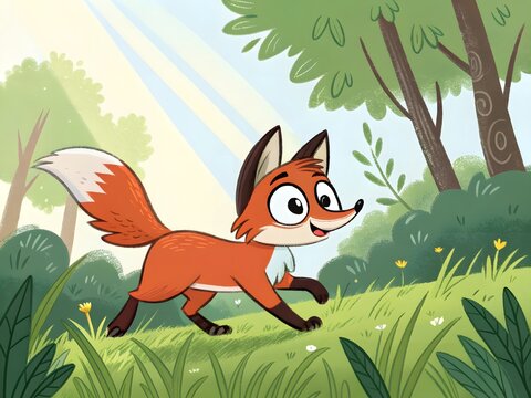 Cartoon red fox running in grassy field
