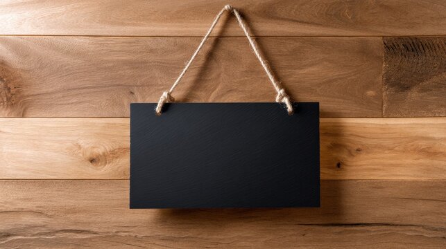 A simple black sign hanging by a rope against a textured wooden background