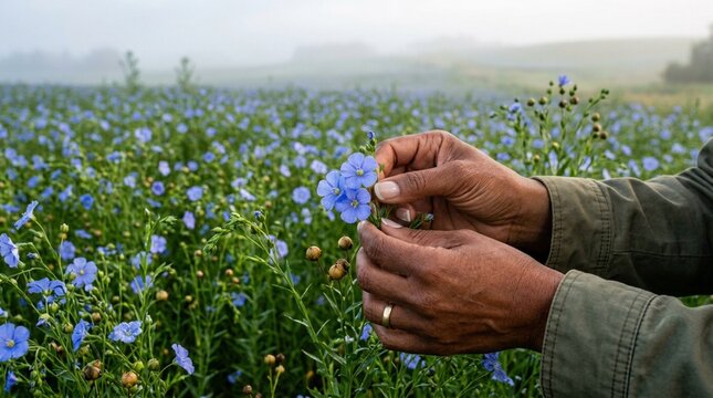 Close up of hands gently holding delicate blooming blue flax flowers and seed pods in misty agricultural field at dawn.