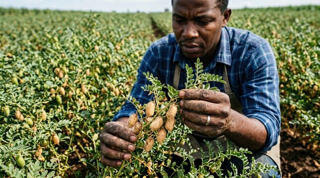 Farmer holding branch of dry chickpea pods in lush field inspecting pulse crop yield and quality before agricultural harvest season.