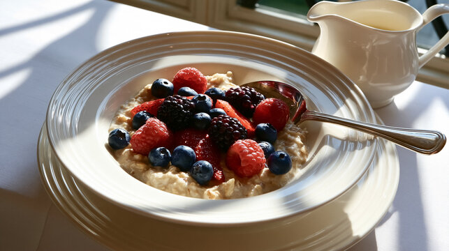 Healthy and nutritious morning meal featuring hot oatmeal topped with colorful fresh blueberries, raspberries, blackberries, and strawberries