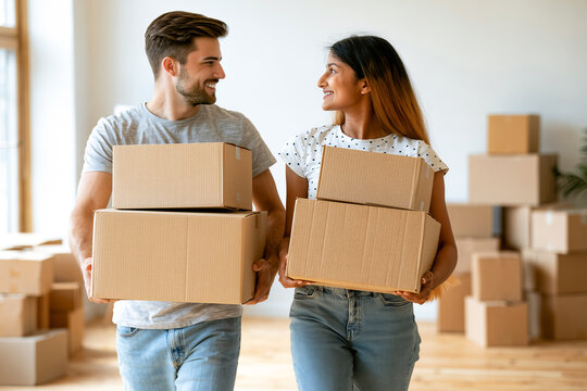 Happy young mixed race causasian and indian couple holding boxes and looking at each other in f new home or apartment, real estate marketing