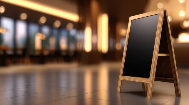 A wooden chalkboard stand stands prominently in a dimly lit coffee shop environment