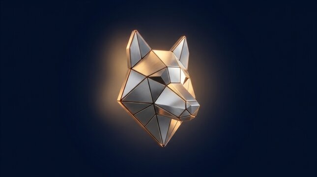 Metallic low poly wolf head, geometric chrome animal sculpture, golden glowing wolf trophy on dark background