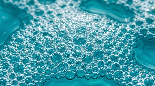 Teal water bubbles macro texture, turquoise soap foam background, refreshing liquid surface with oxygen spheres for skincare