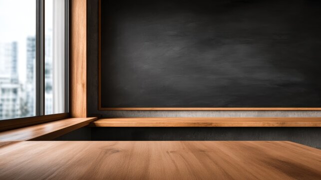 A well-lit interior space featuring a wooden table and a chalkboard wall with large windows