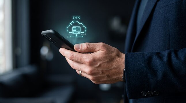 Businessman holding a smartphone displaying a glowing cloud sync data icon and server graphic floating above the mobile device screen while standing indoors in an office environment
