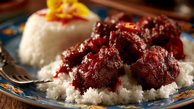 Savory glazed meat dishes served with fluffy white rice on a decorative plate