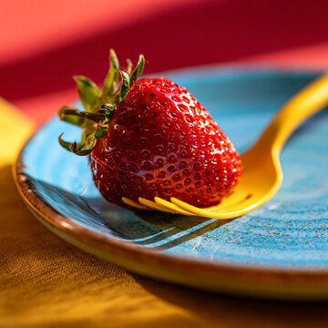 Fresh red strawberry on a bright yellow fork resting upon a blue ceramic plate