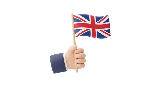 3D Cartoon Hand Holding British Union Jack Flag.